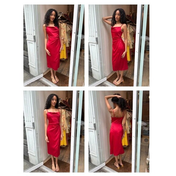Red Satin Slip Dress Size Small Cowl Neck Midi Valentine’s Day Date Night Flirty - Picture 3 of 12
